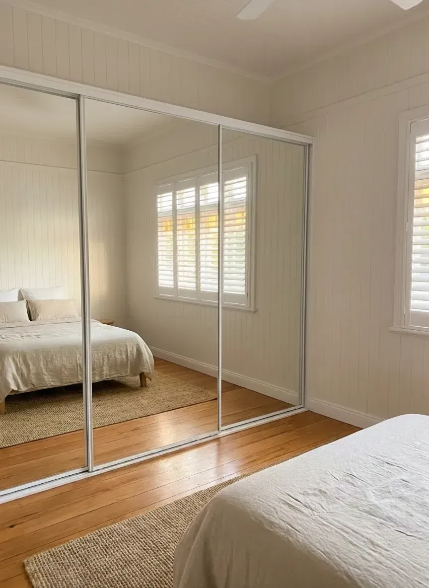 Queenslander bedroom with mirror sliding wardrobe doors enhancing space