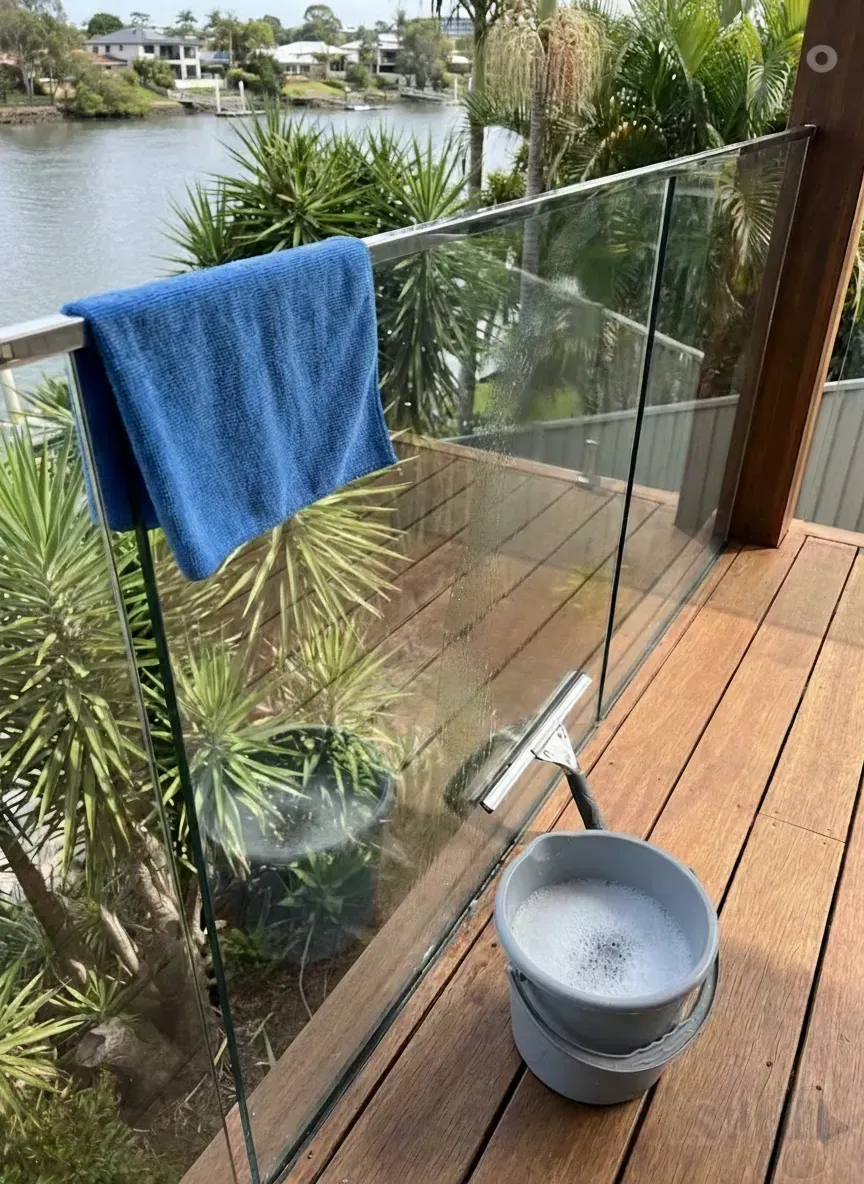cleaning glass balustrade with microfibre cloth and squeegee on outdoor deck