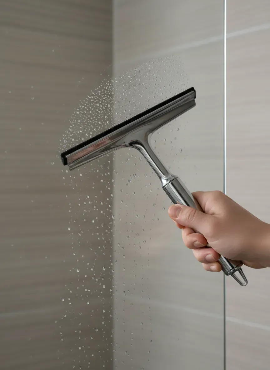 squeegee resting on wet glass shower screen for cleaning maintenance