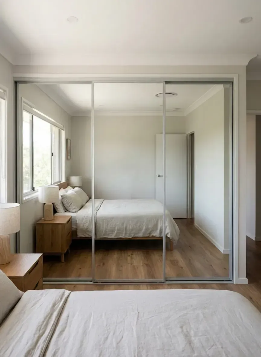 framed mirror wardrobe doors with aluminium frame in Brisbane bedroom