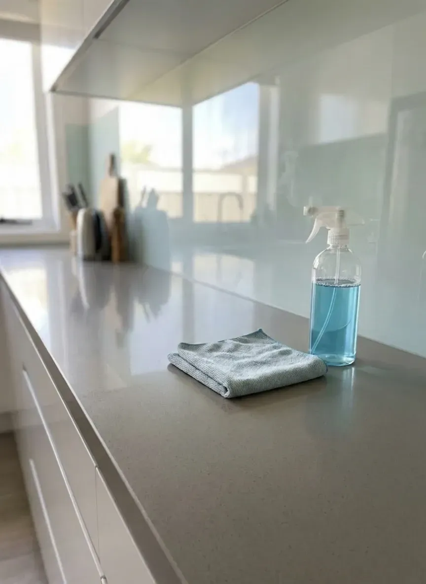 microfibre cloth and glass cleaner beside streak free glass splashback